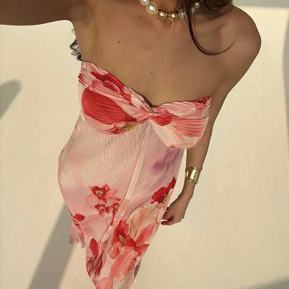 Multicolor Boho Women's Strapless Twist-Front Ruched Floral Print Bodycon Dress - Picture 7 of 7